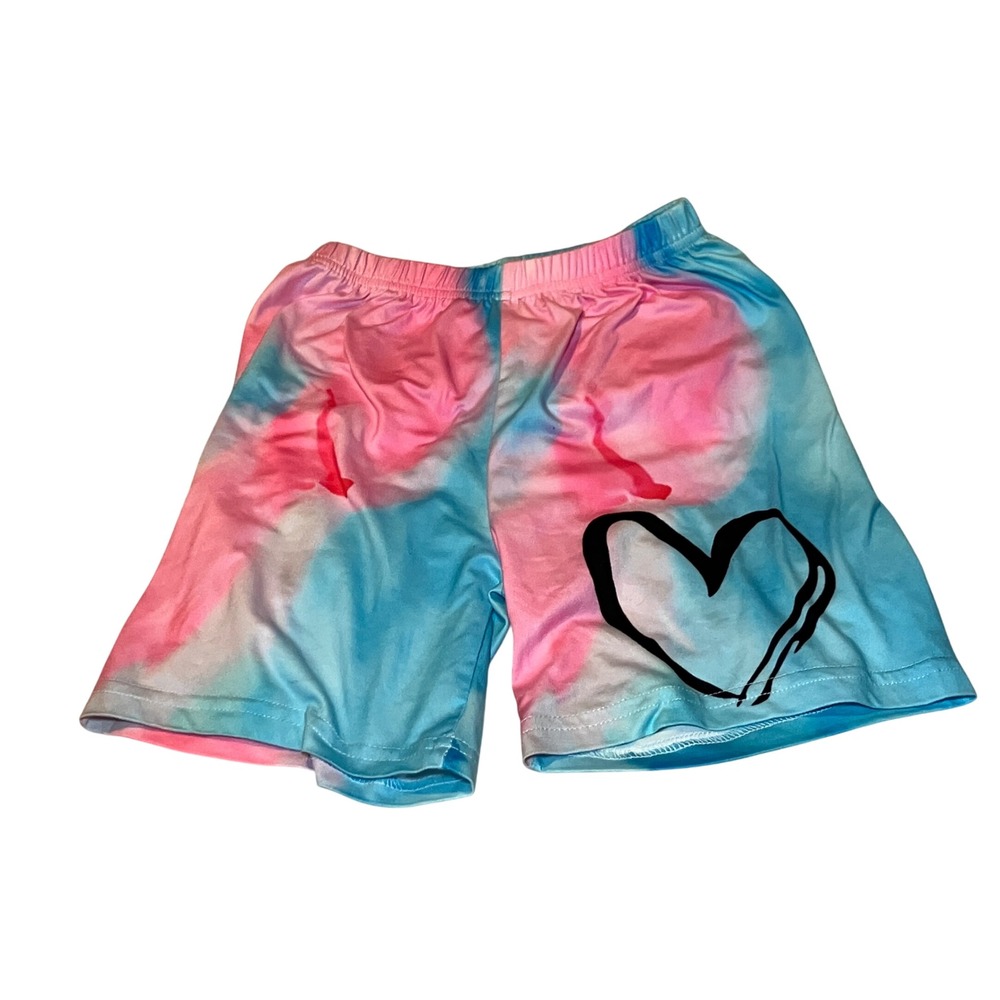 SHEIN Tie Dye Shorts Girls Size 6Y Pink Blue Good Heart Graphic Elastic Waist
